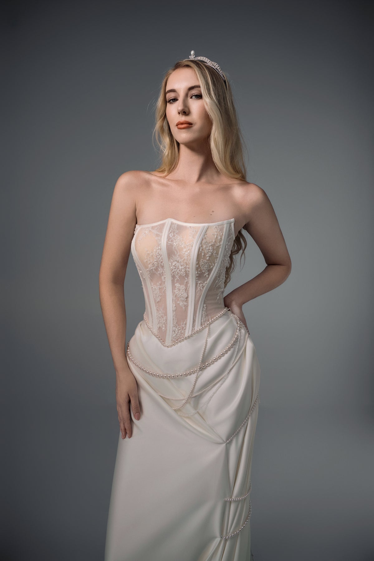Isabeau sheer-corset draped satin mermaid wedding dress, bodice view
