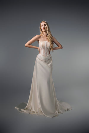 Isabeau sheer-corset draped satin mermaid wedding dress, front view