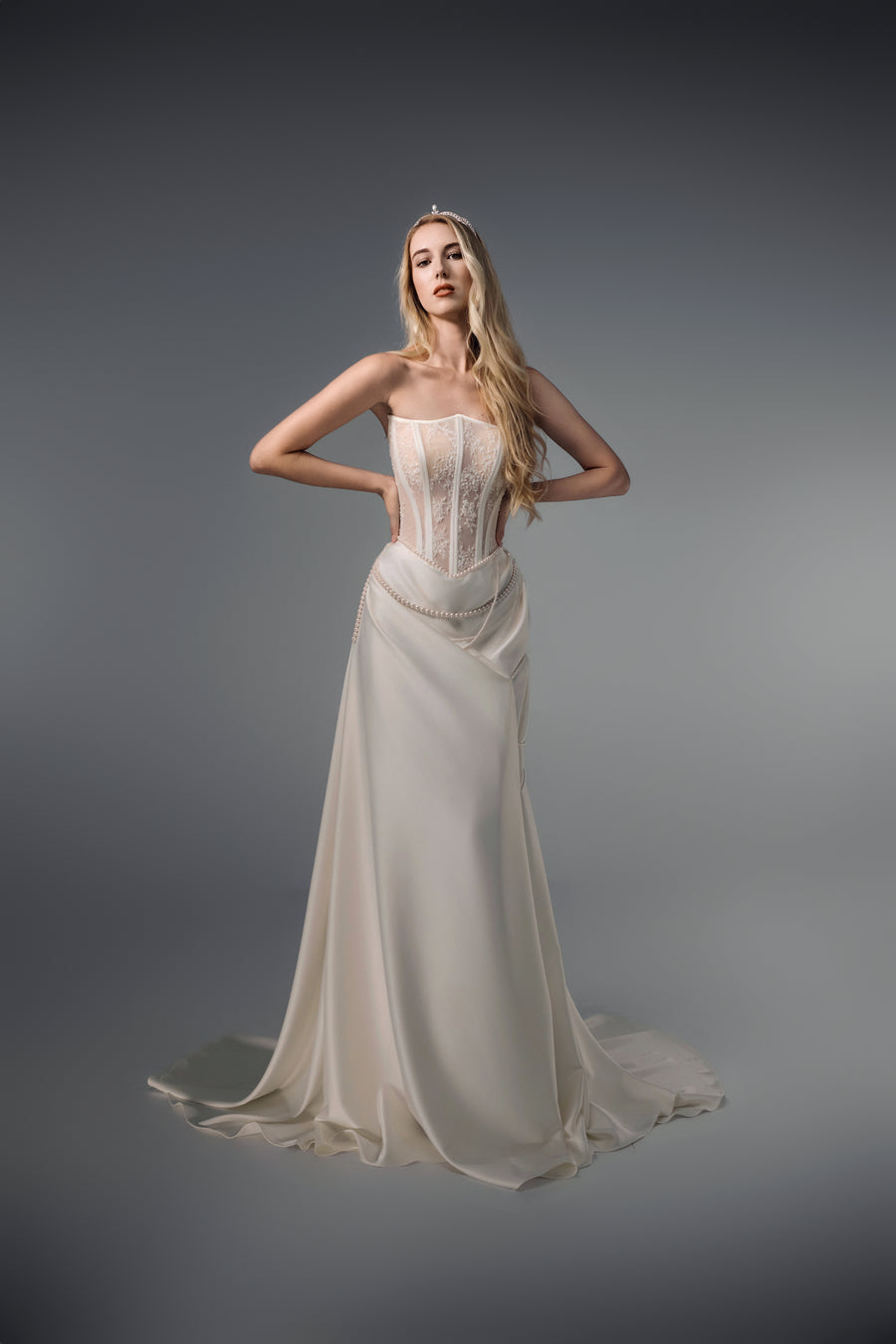 Isabeau sheer-corset draped satin mermaid wedding dress, front view