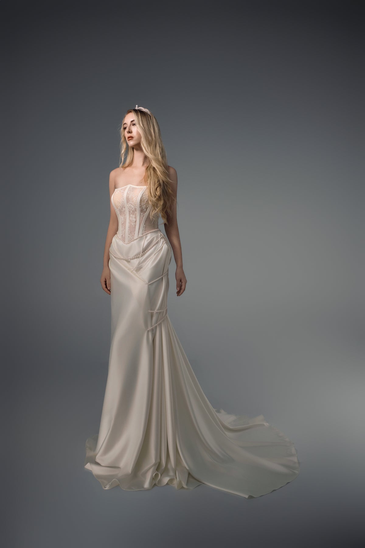 Isabeau sheer-corset draped satin mermaid wedding dress, side view