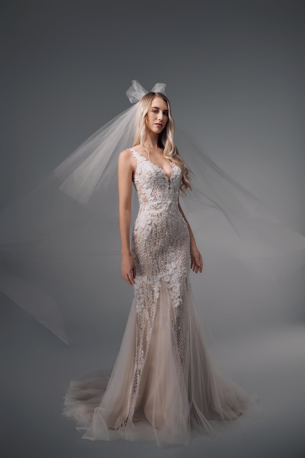 Jessamine deep V beaded lace mermaid wedding dress, front view