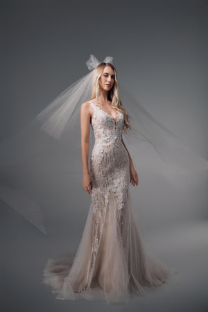 Jessamine deep V beaded lace mermaid wedding dress, front view