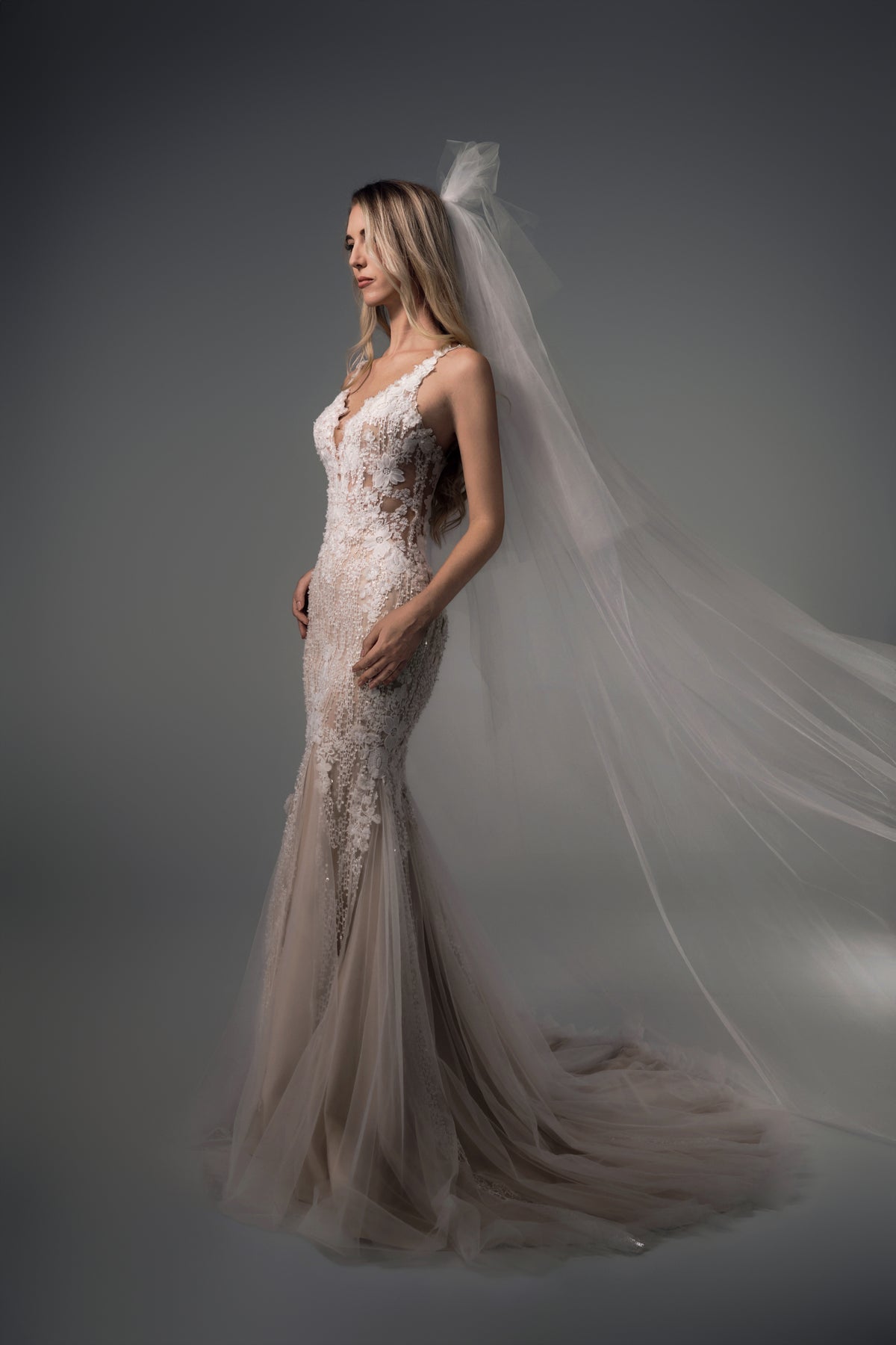 Jessamine fitted beaded lace mermaid wedding dress, side view