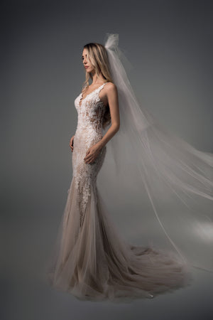 Jessamine fitted beaded lace mermaid wedding dress, side view