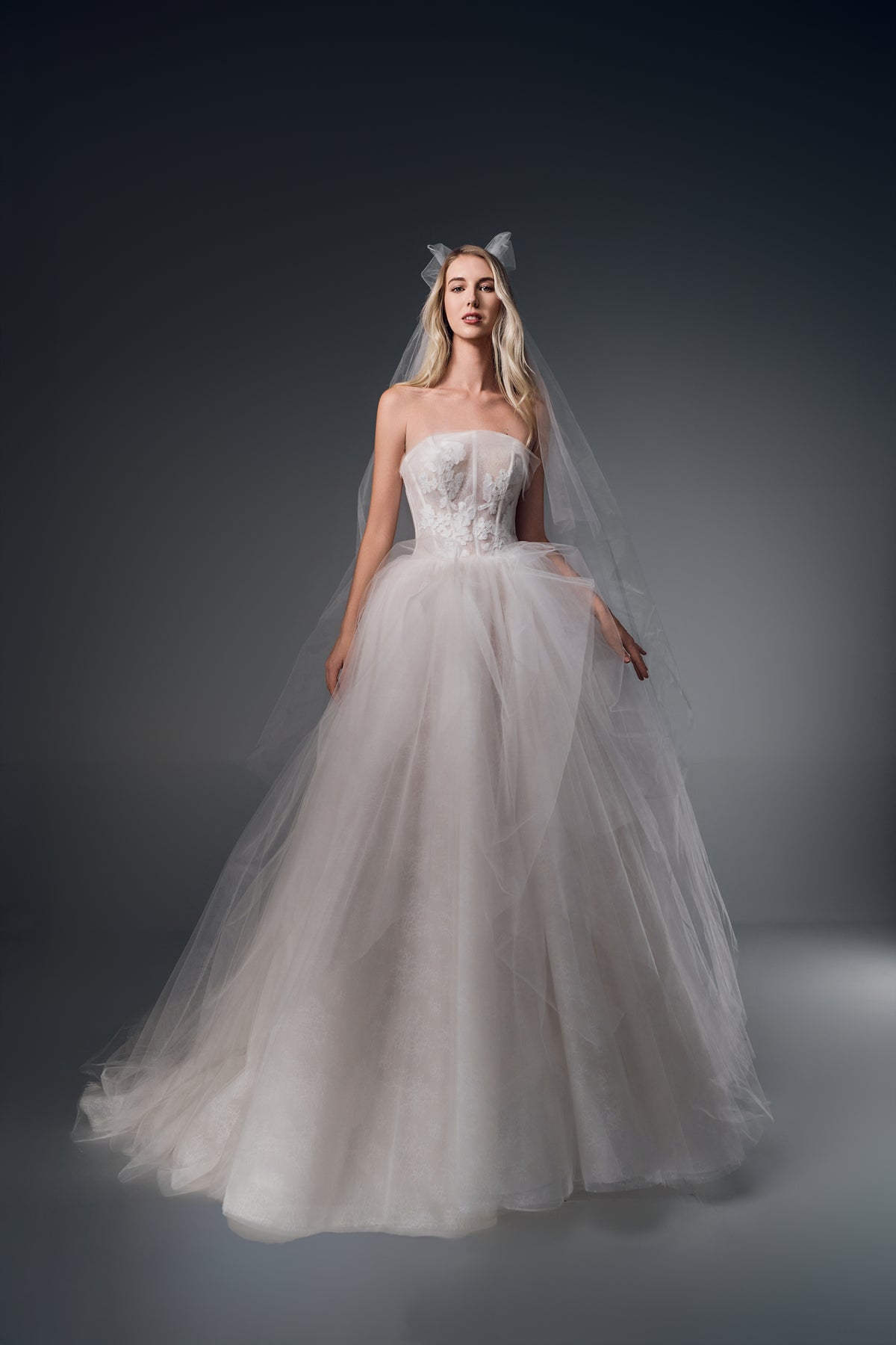 Leonora strapless lace tulle A-line wedding dress, front view