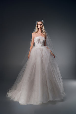 Leonora strapless lace tulle A-line wedding dress, front view