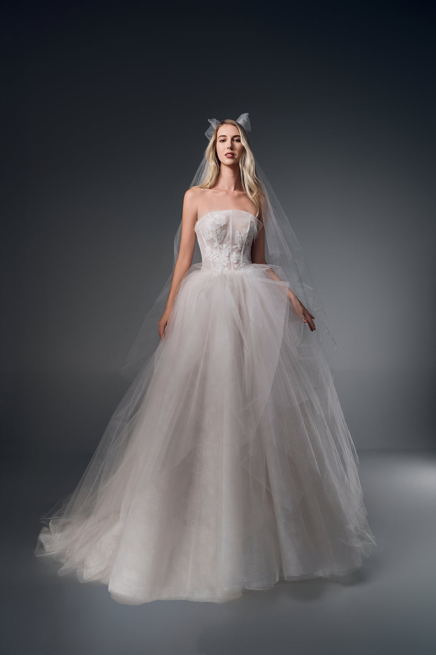 Leonora strapless lace tulle A-line wedding dress, front view