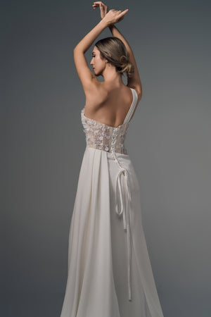 Leontine asymmetric satin wedding dress, open lace-up back view