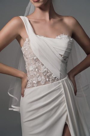 Leontine asymmetric satin wedding dress, draped bodice and lace waist detail