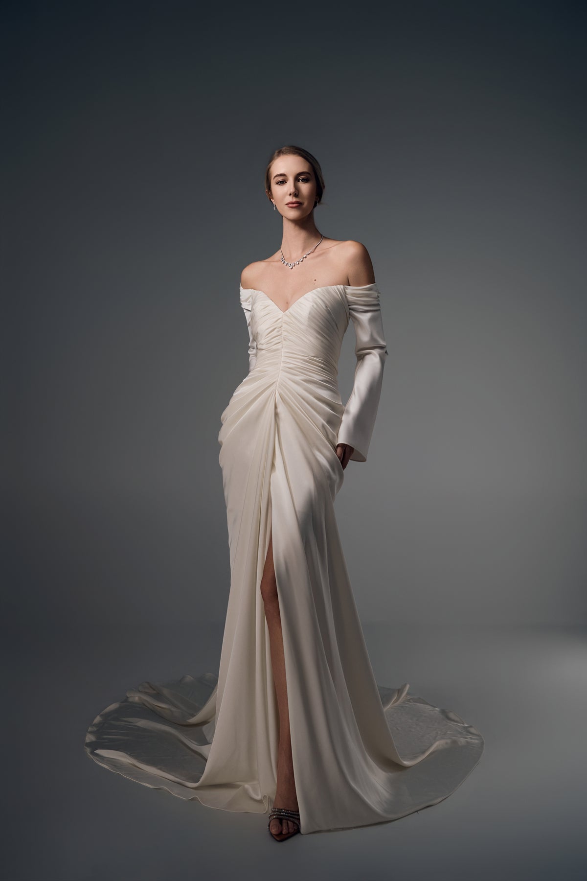 Lorelei off-shoulder ruched satin mermaid wedding dress, full-length front view