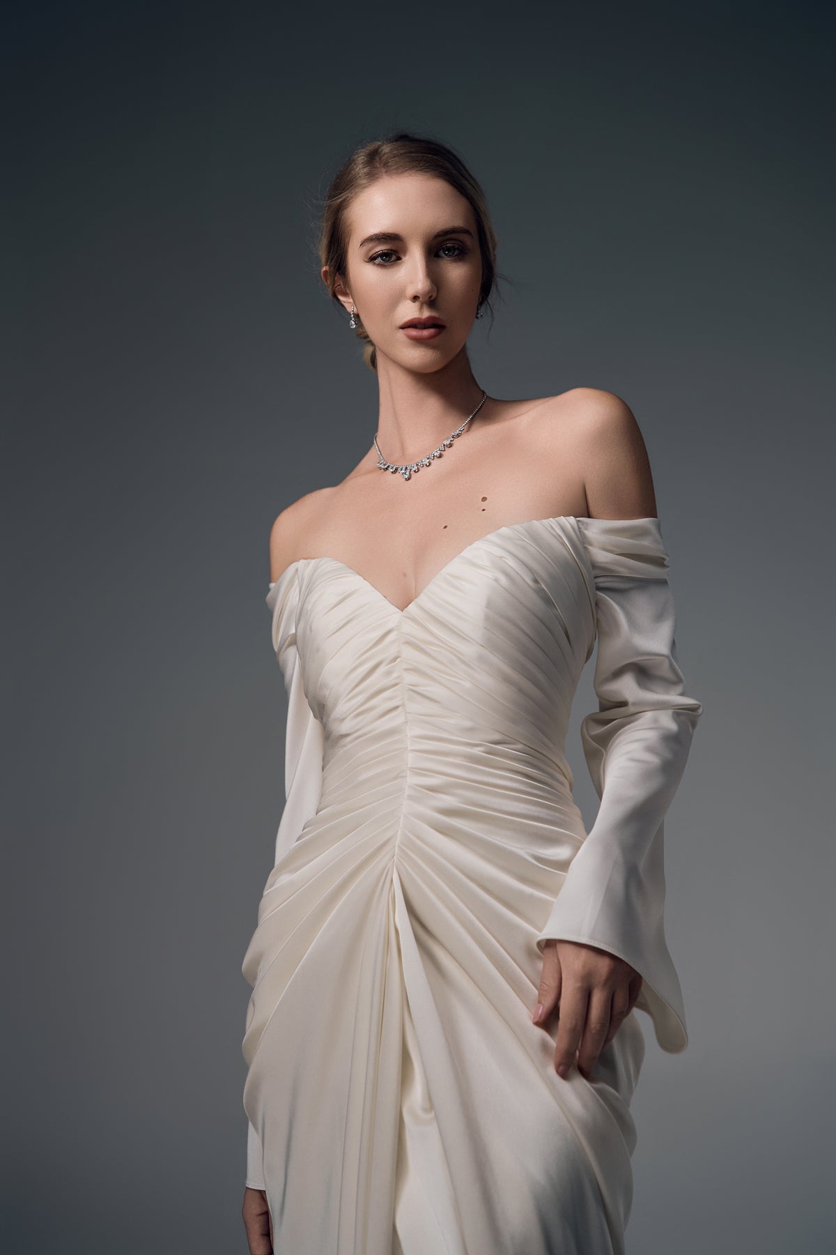 Lorelei ruched satin mermaid wedding dress, bodice detail