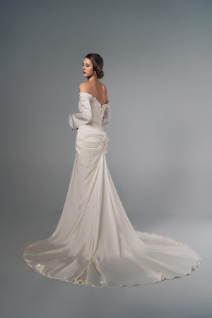 Lorelei off-shoulder ruched satin mermaid wedding dress, side train view