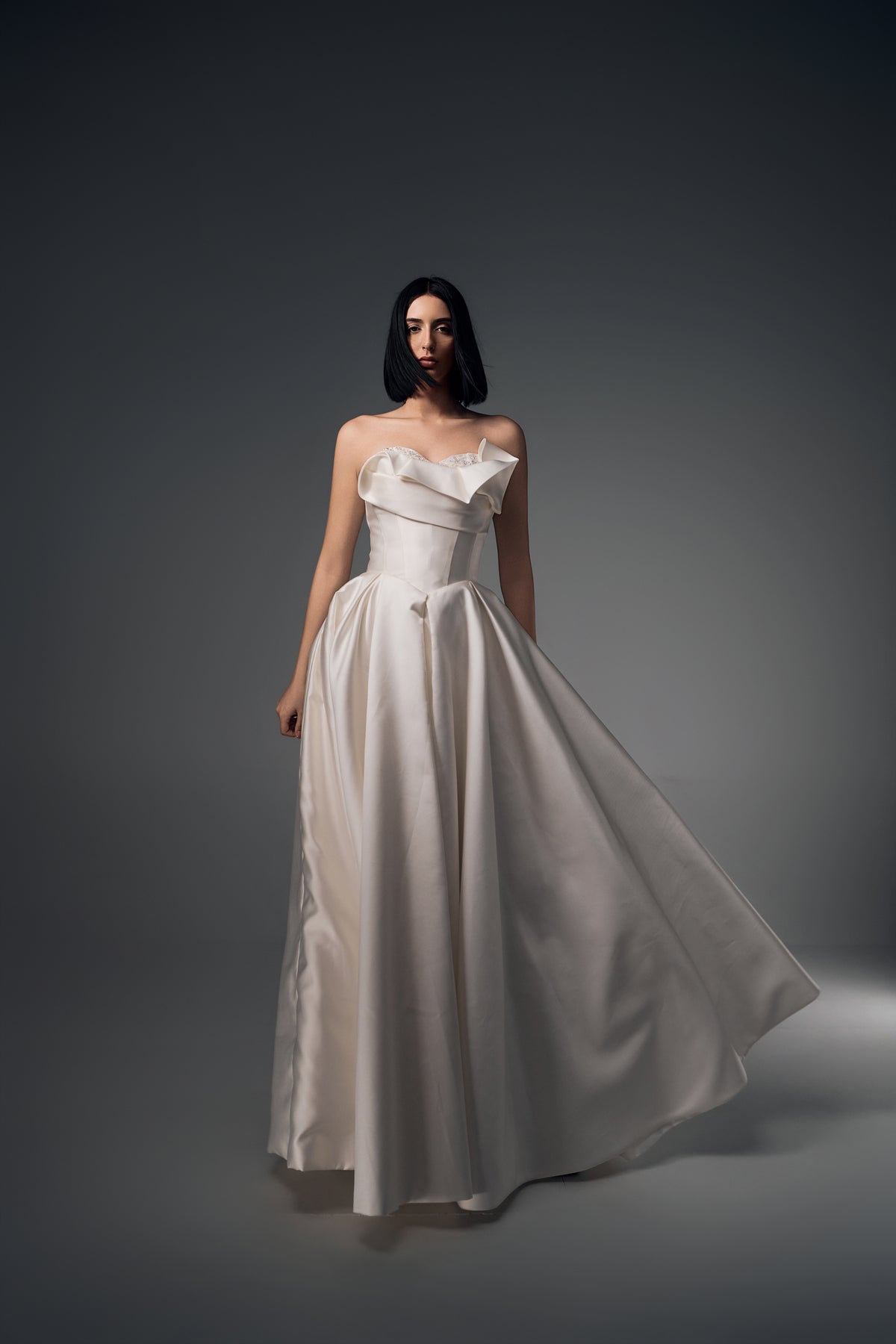 Lunara one-shoulder origami satin A-line wedding dress, full-length front view