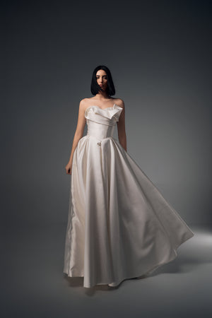 Lunara one-shoulder origami satin A-line wedding dress, full-length front view