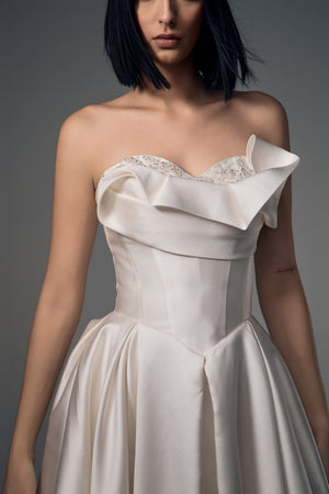 Lunara origami satin A-line wedding dress, folded bodice detail