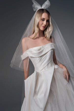 Marcelline asymmetric folded satin A-line wedding dress, bodice view