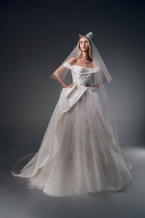 Marcelline asymmetric folded satin A-line wedding dress, front view