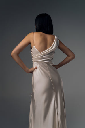Maristella cowl-neck satin mermaid wedding dress, low-back view