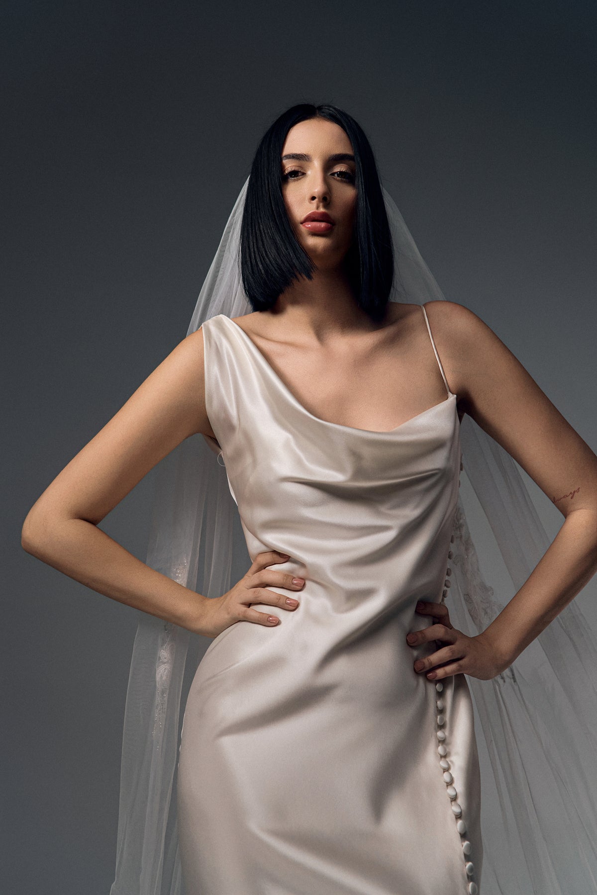 Maristella cowl-neck satin mermaid wedding dress, bodice detail