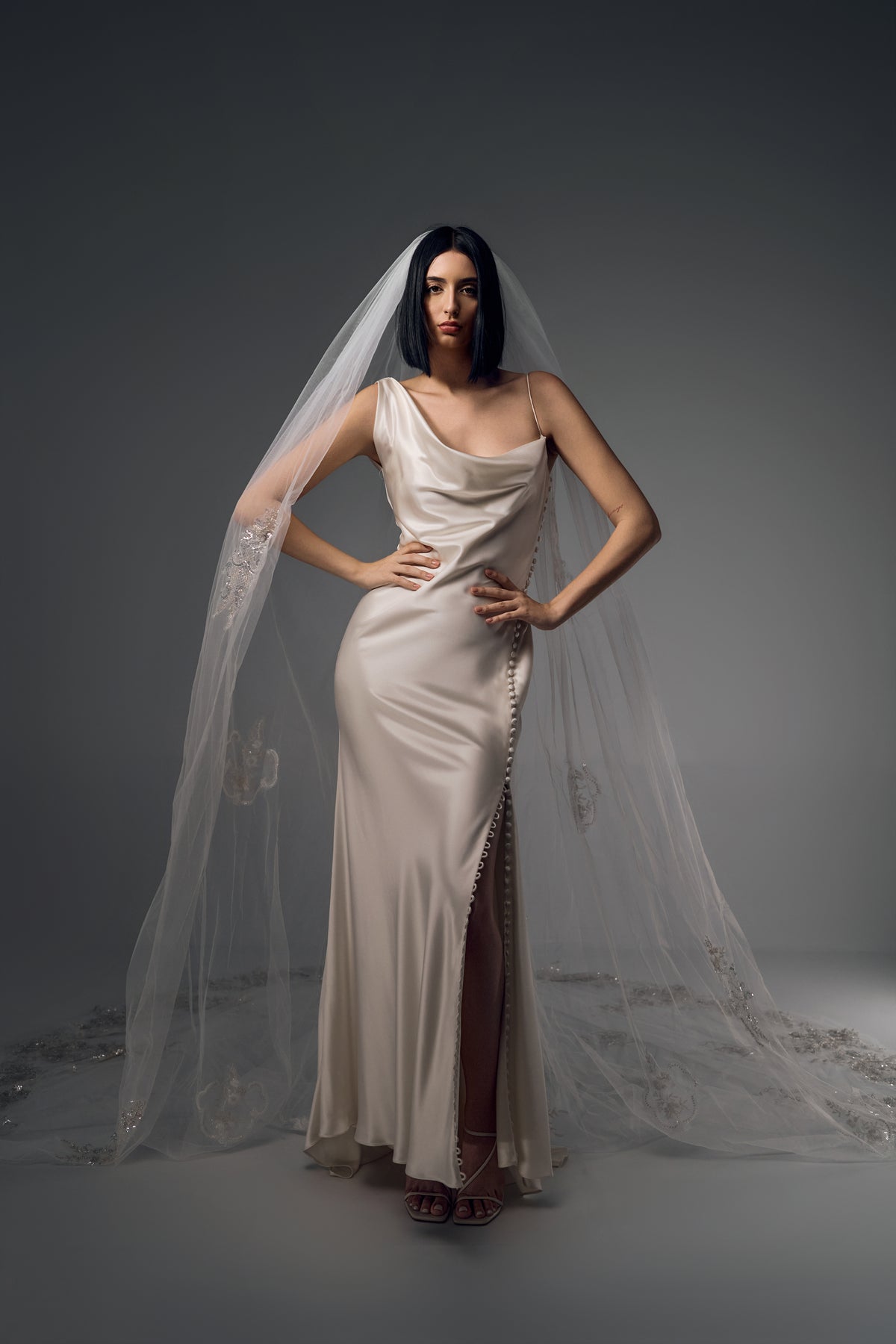 Maristella cowl-neck satin mermaid wedding dress, full-length front view
