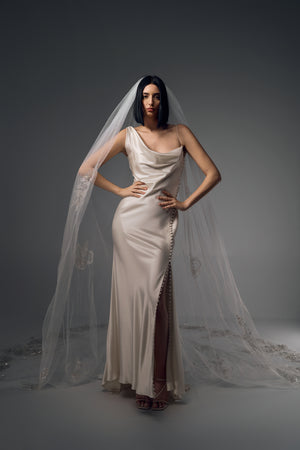 Maristella cowl-neck satin mermaid wedding dress, full-length front view