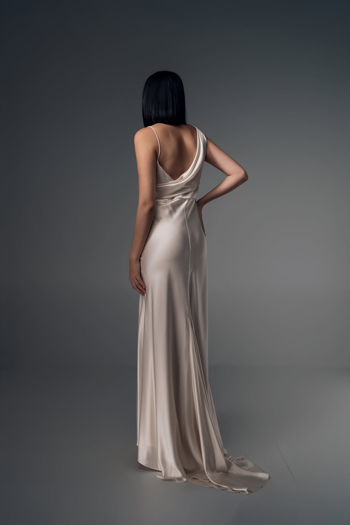 Maristella cowl-neck satin mermaid wedding dress, side button detail