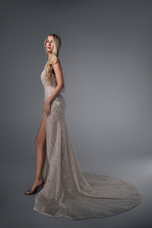 Meliora fitted beaded mermaid wedding dress with split, side view