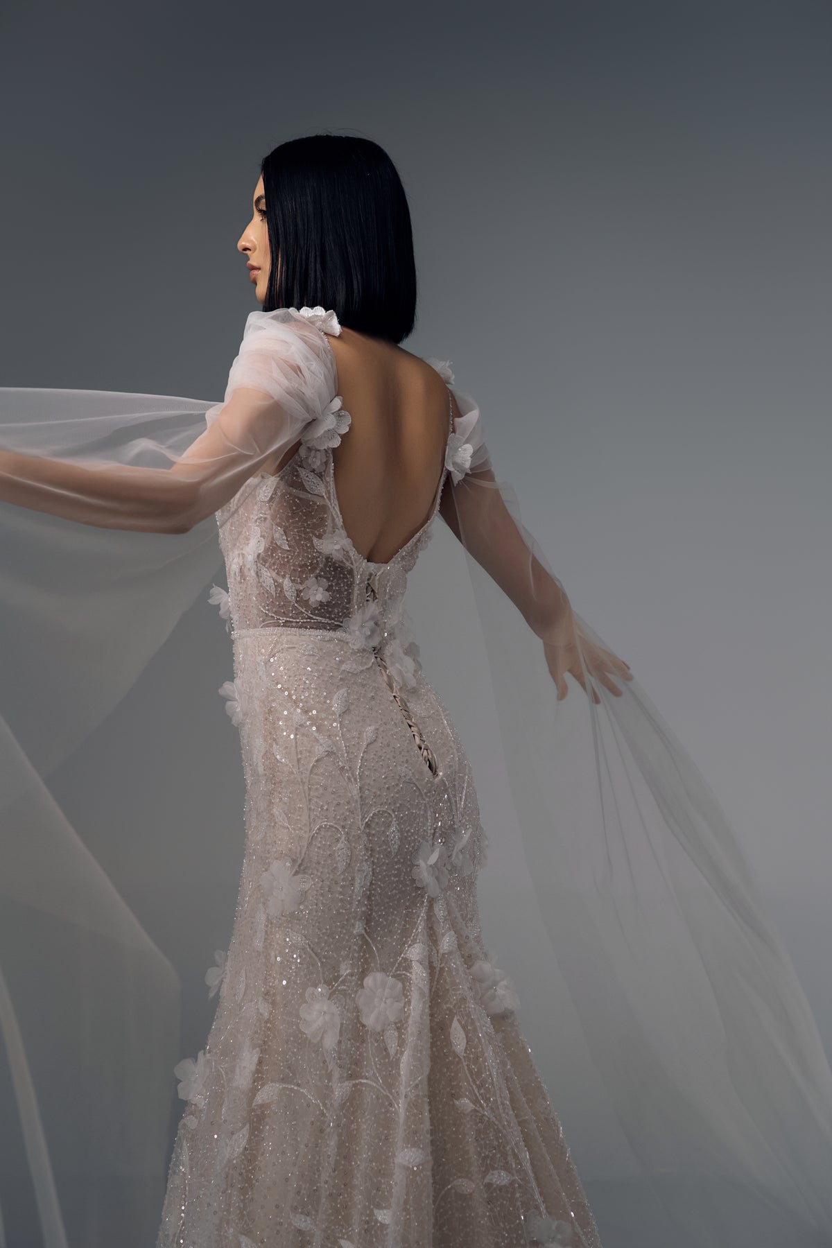 Melusine 3D floral lace mermaid wedding dress, open-back view