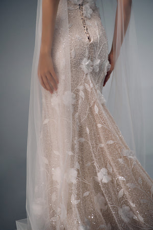 Melusine 3D floral lace mermaid wedding dress, floral detail