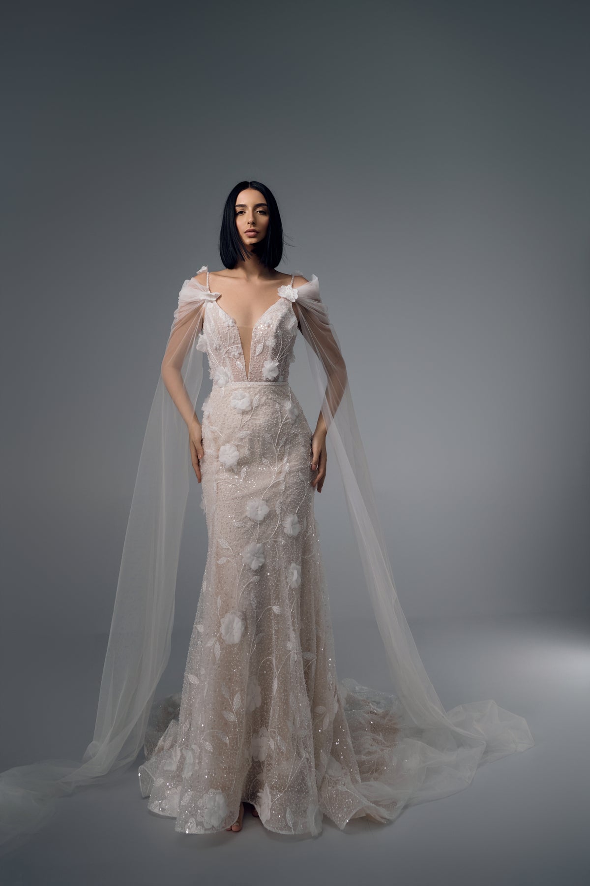Melusine 3D floral lace mermaid wedding dress, full-length front view