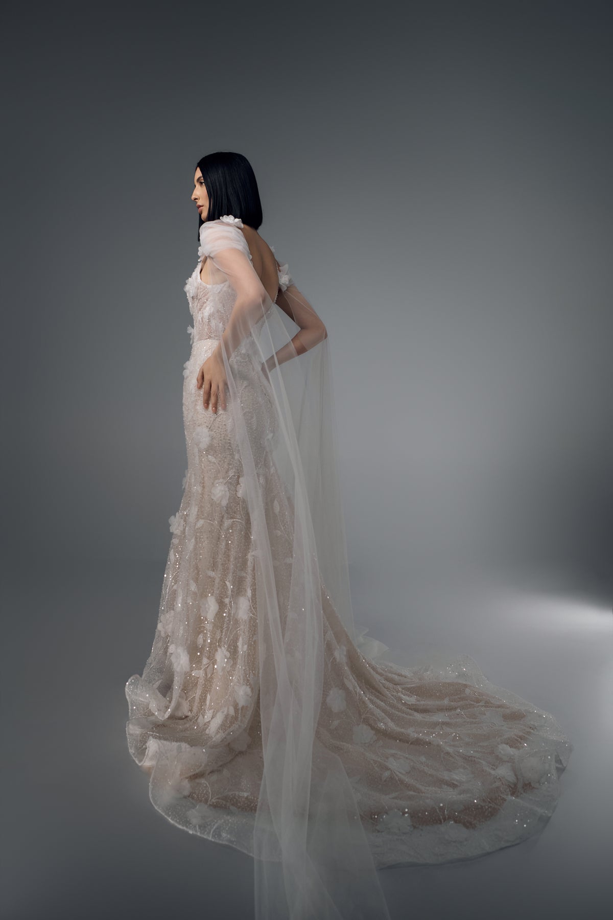 Melusine 3D floral lace mermaid wedding dress, side train view