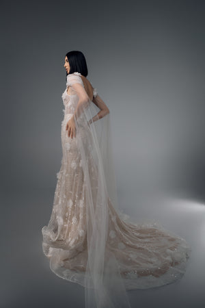 Melusine 3D floral lace mermaid wedding dress, side train view