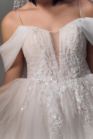 Mirabelle off-shoulder lace tulle A-line wedding dress, bodice view