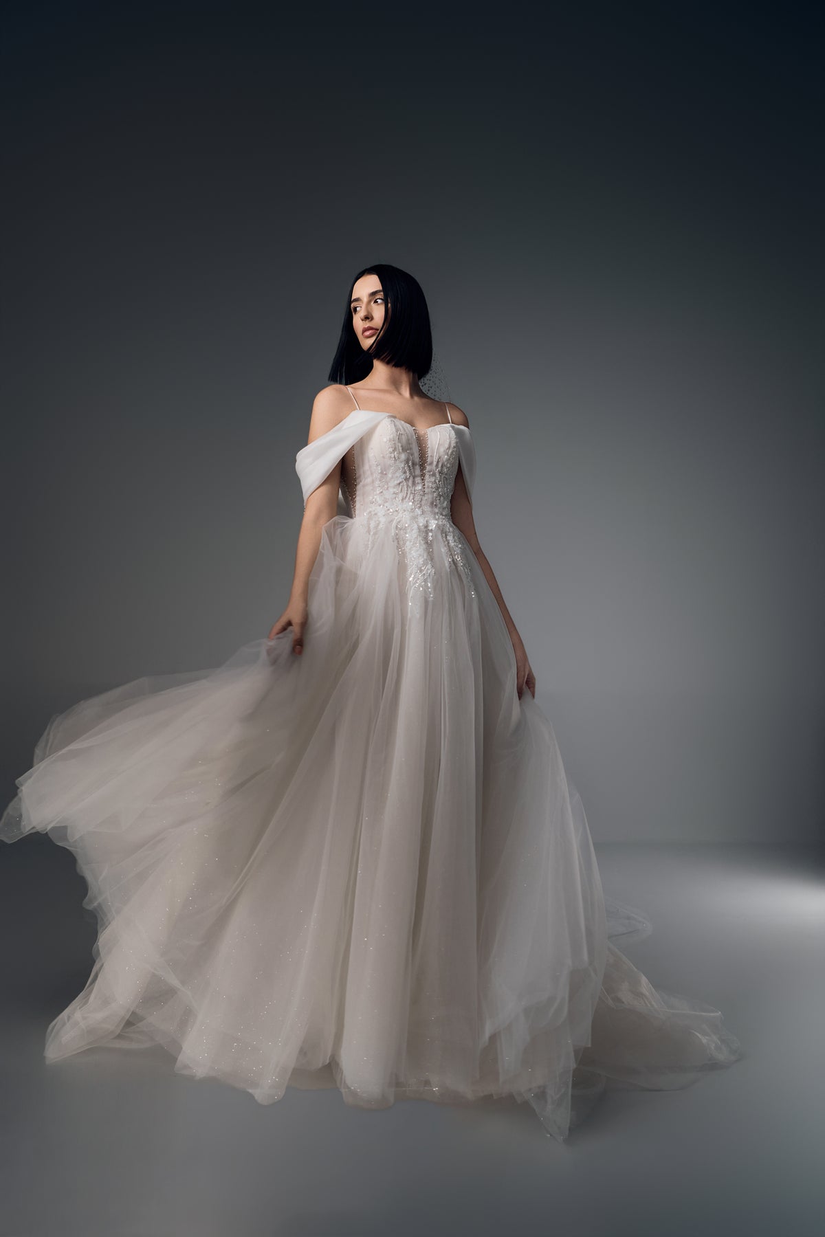 Mirabelle off-shoulder lace tulle A-line wedding dress, front view