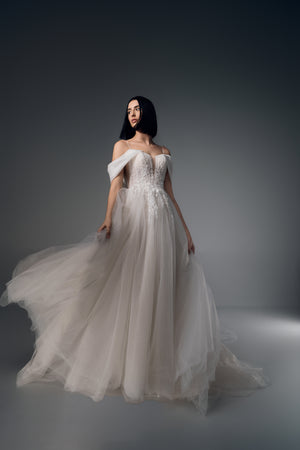 Mirabelle off-shoulder lace tulle A-line wedding dress, front view