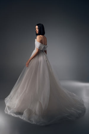 Mirabelle off-shoulder lace tulle A-line wedding dress, side view