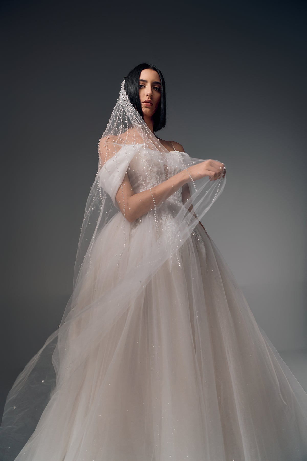 Mirabelle off-shoulder lace tulle A-line wedding dress, veil view