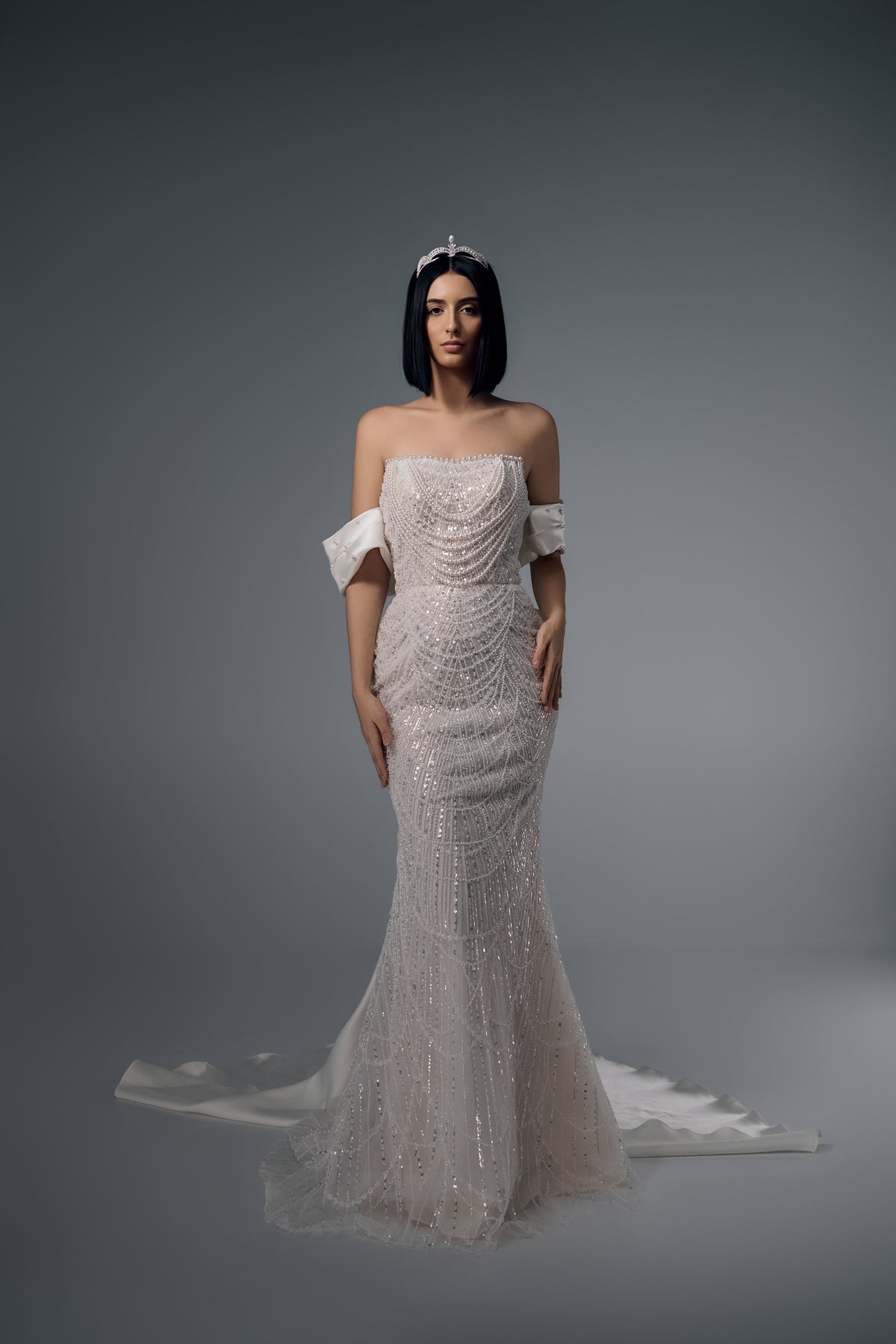 Naevia off-shoulder beaded mermaid wedding dress, full-length front view