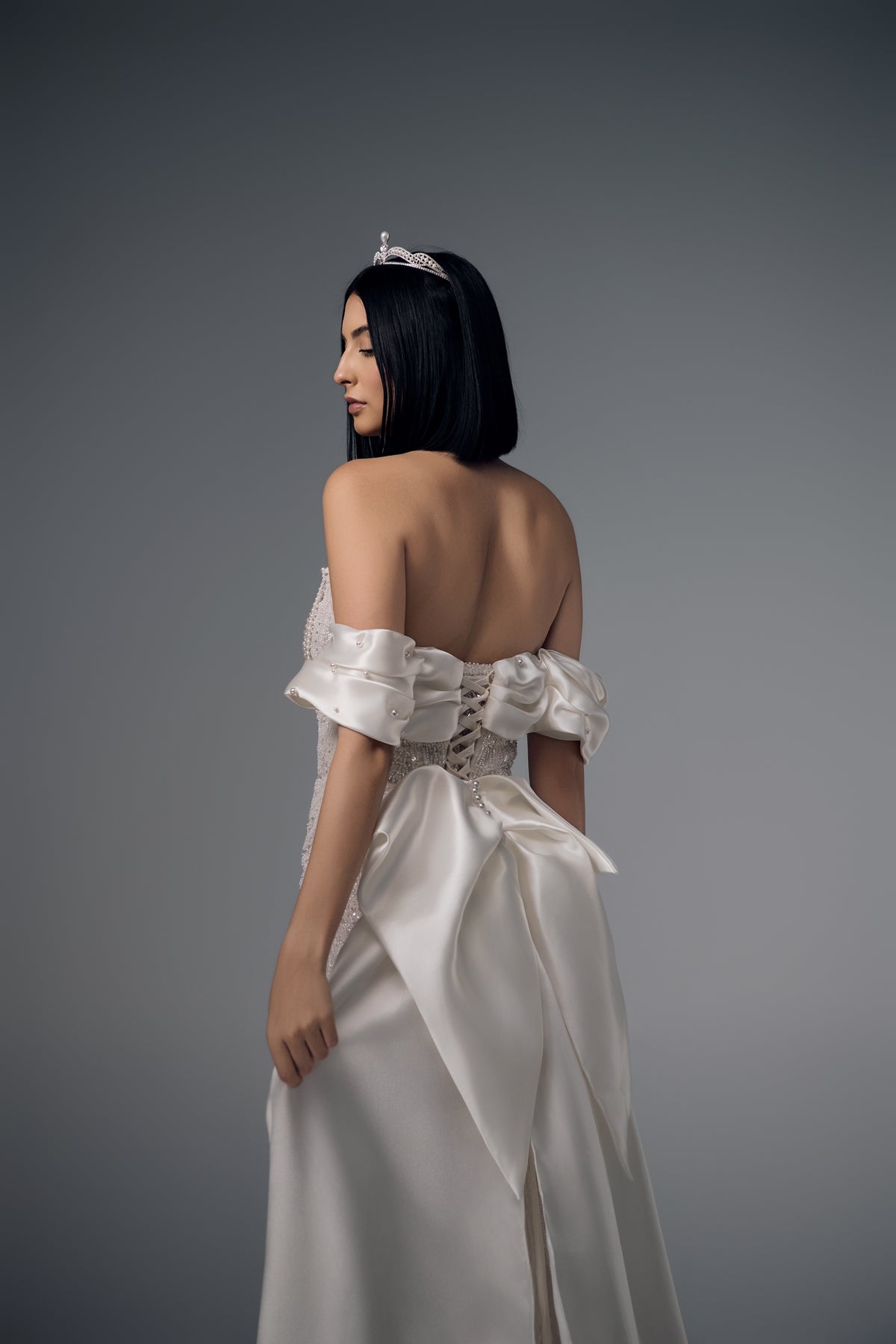 Naevia off-shoulder beaded mermaid wedding dress, back and side view