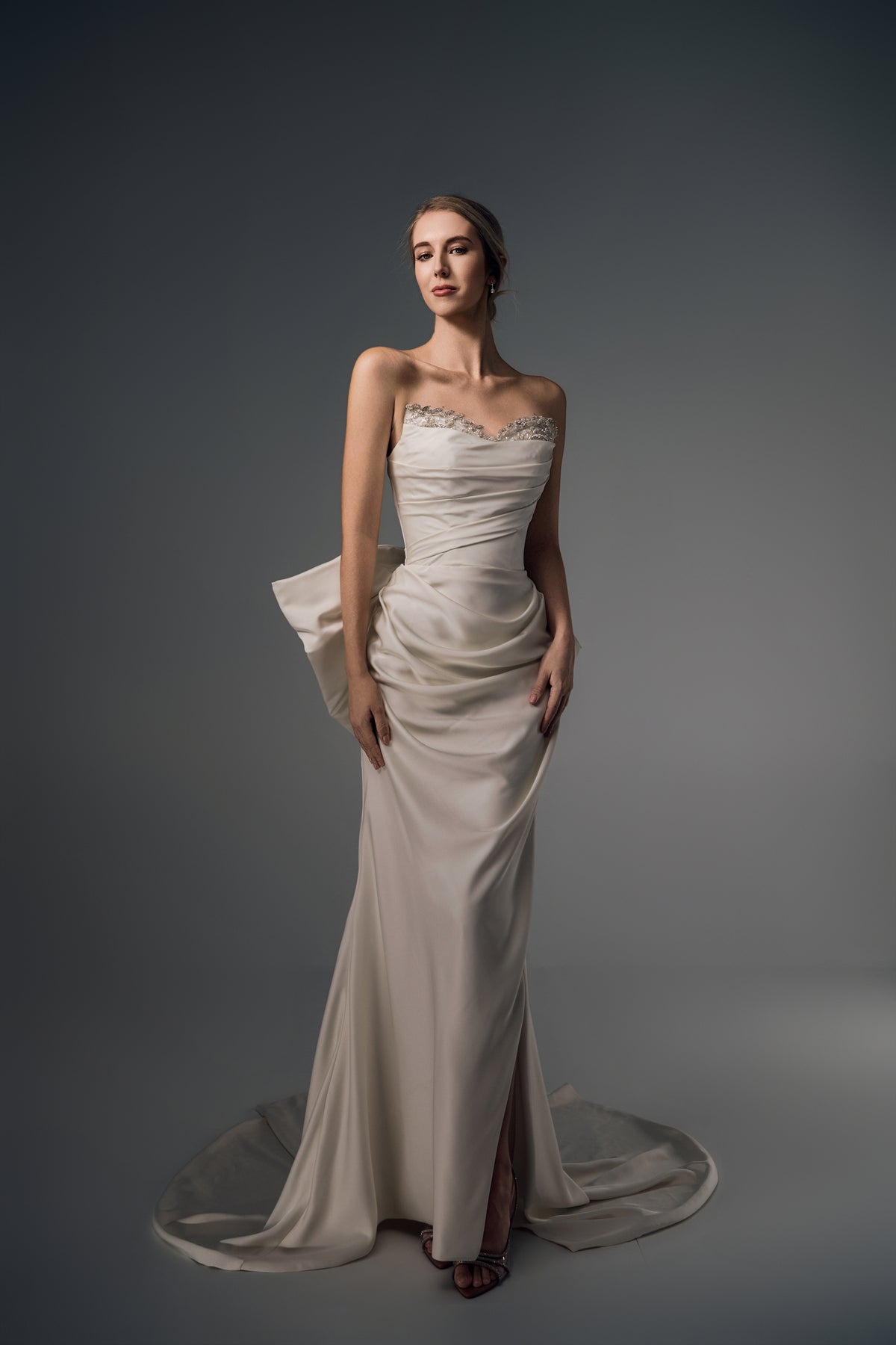 Nerina beaded-neckline ruched satin mermaid wedding dress, full-length front view