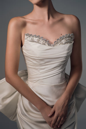 Nerina ruched satin mermaid wedding dress, beaded neckline detail