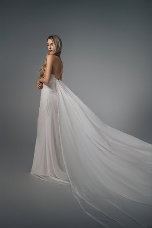Nerissa strapless draped satin wedding dress, back train view