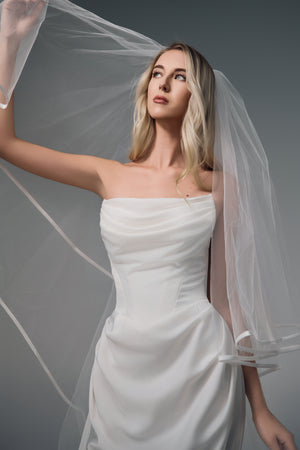 Nerissa strapless draped satin wedding dress, bodice detail view