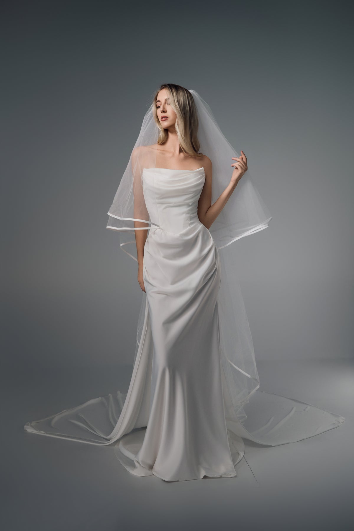 Nerissa strapless draped satin wedding dress, full-length front view