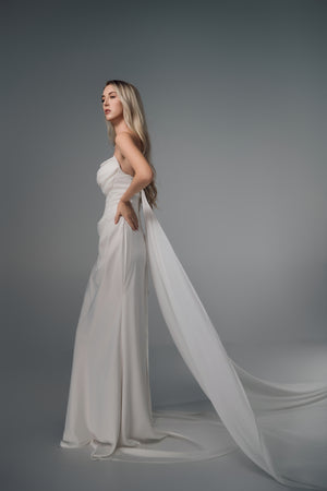 Nerissa strapless draped satin wedding dress, side view