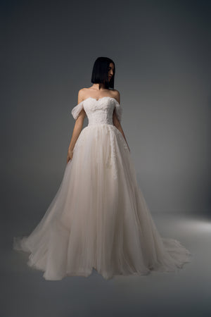 Orielle off-shoulder lace tulle A-line wedding dress, back train view