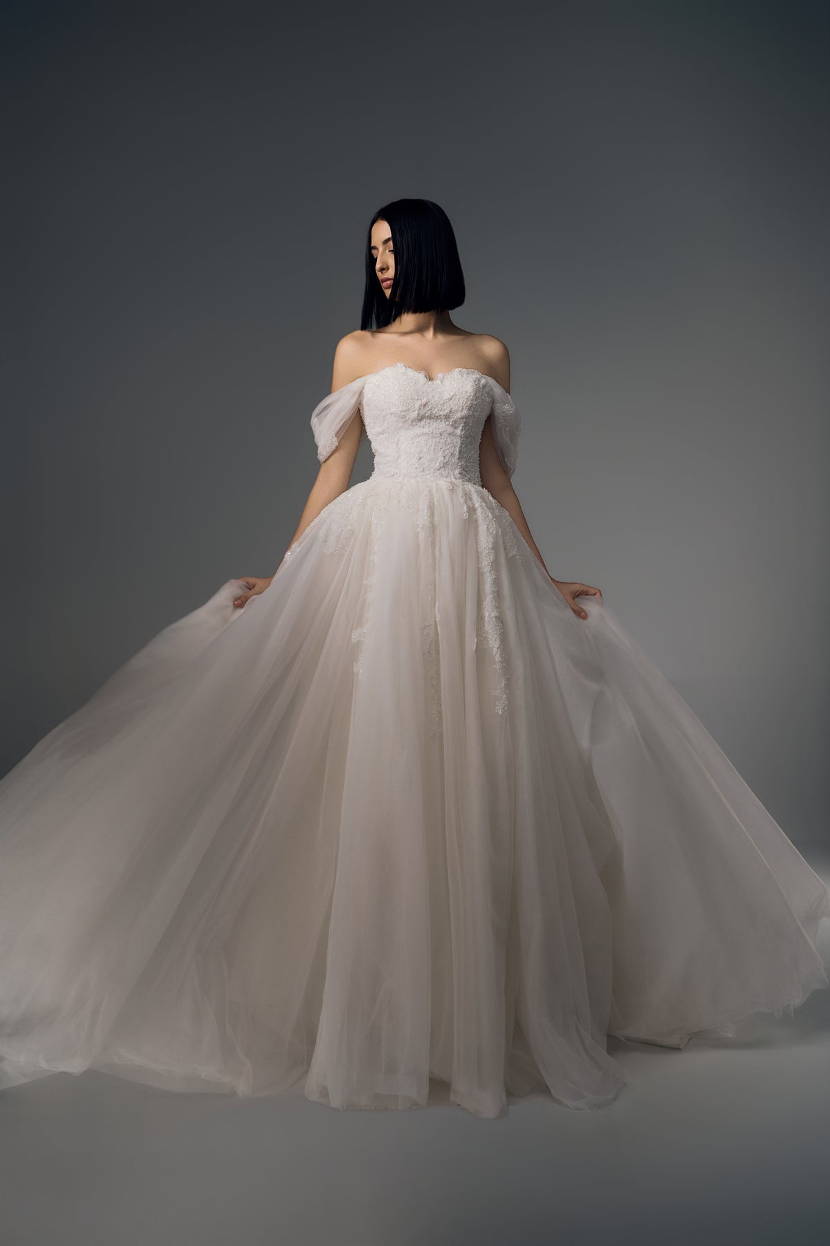 Orielle lace tulle A-line wedding dress, full back view