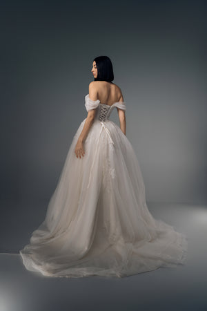 Orielle off-shoulder lace tulle A-line wedding dress, side view
