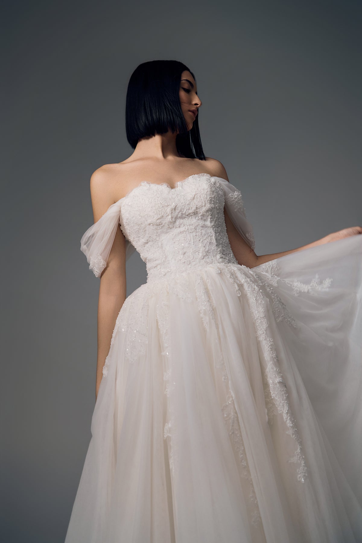 Orielle off-shoulder lace tulle A-line wedding dress, full-length front view