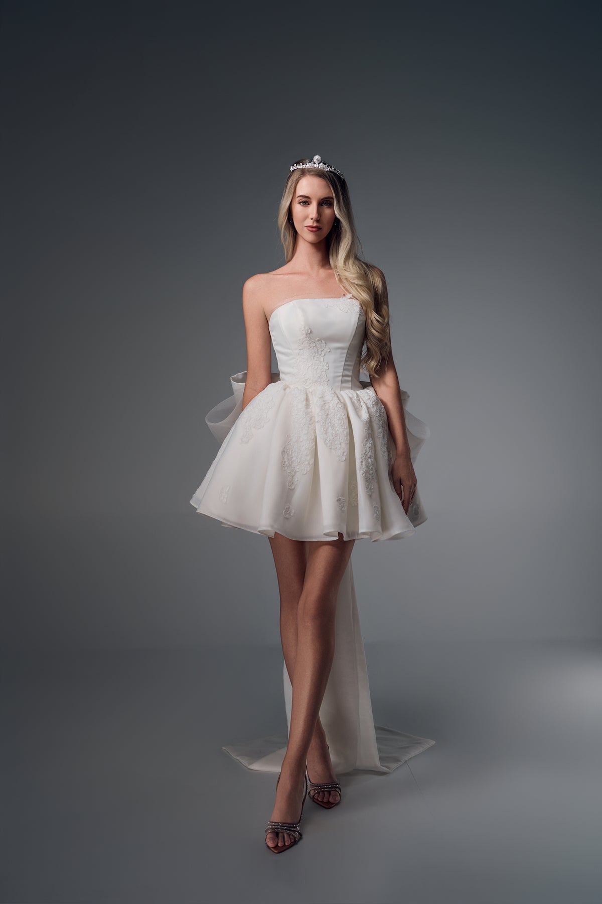 Phaenna strapless high-low wedding dress with bow train, front view
